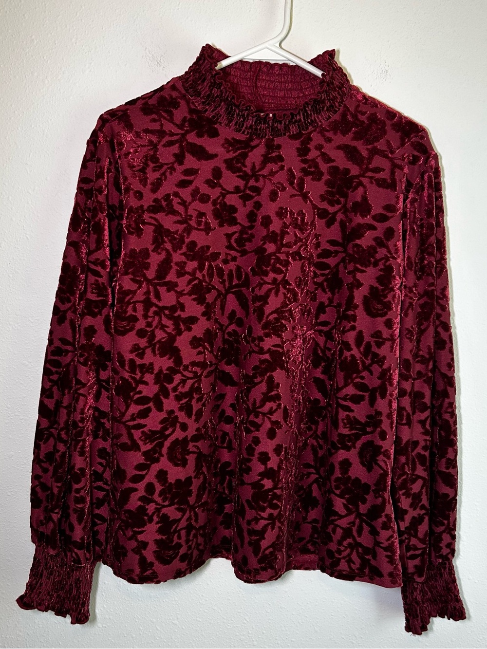 Burnout Velvet Floral Smocked Ruffle Collar Top Burgundy Victorian Romantic XL